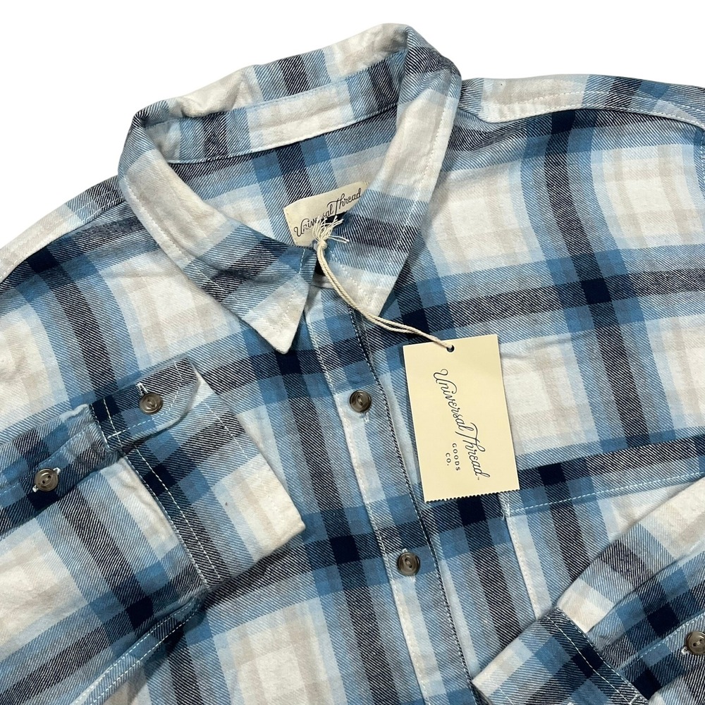 Universal Thread Flannel Shirt Women Large Blue Plaid Cotton Button Down NWT